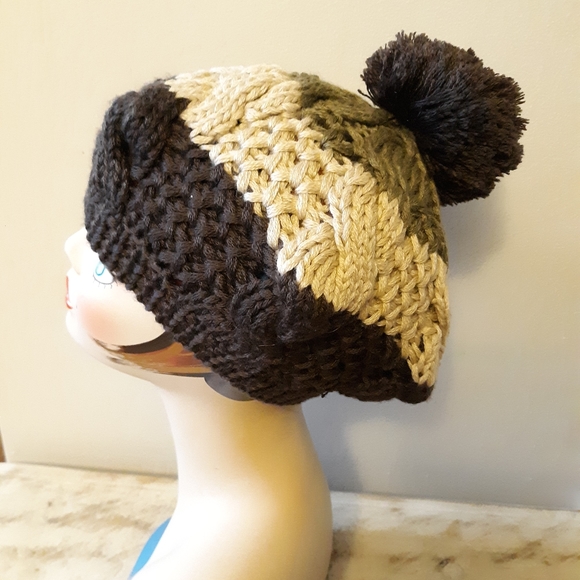 Vintage Earthy Brown Striped Knit Pom Pom Hat